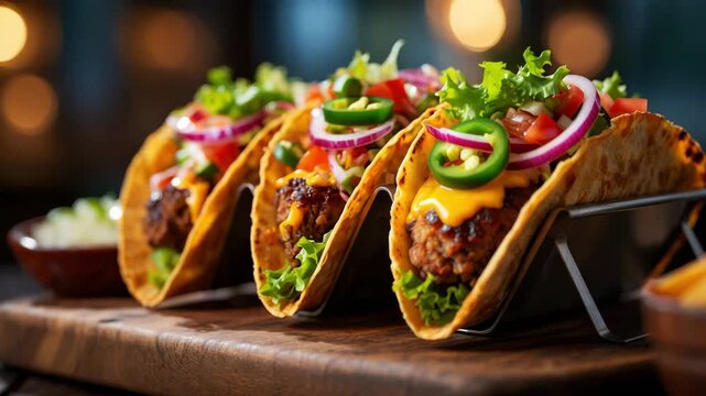 Smash burger taco with crispy edges and melted cheese served as street-food style fusion, juicy grilled beef patty folded in a soft taco shell with fresh toppings, jalape&ntilde;o heat, vibrant colors