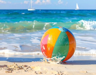 Obraz premium Colorful beach ball on sandy shore with ocean backdrop for summer vacation