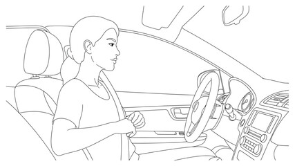 A simple line drawing depicts a woman driving a car from a first person view