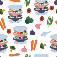 seamless pattern with healthy food. Healthy meal prep. Vector illustration