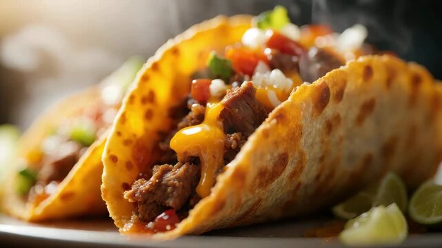 Close up of sizzling smash burger taco with melted cheese juicy beef crispy edges and fresh toppings served hot from the griddle with rising steam perfect for street food lovers and taco night fans