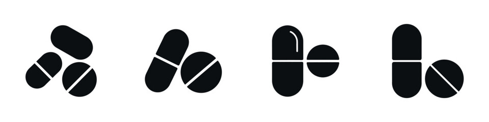 Pills and Capsules Vector Icons Set – Medical Drug and Medicine Silhouette Illustrations for Pharmacy, Healthcare, Hospital, Prescription, and Treatment Design