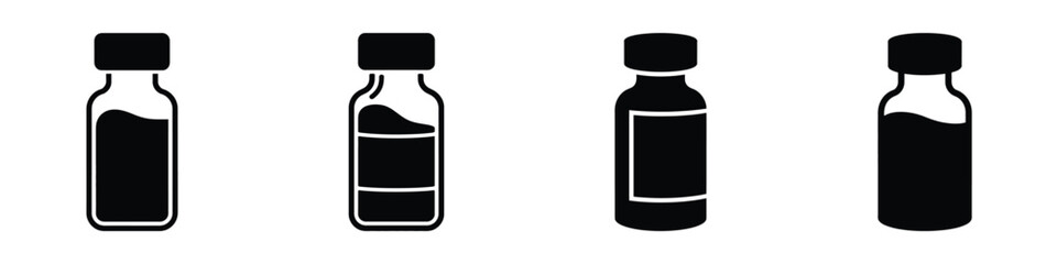 Vaccine Vial Vector Icons Set – Medical Injection Bottle Silhouette Illustrations for Healthcare, Hospital, Pharmacy, Immunization, and Treatment Design