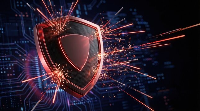 Cybersecurity shield blocking cyber attack sparks, network firewall protection - Powered by Adobe