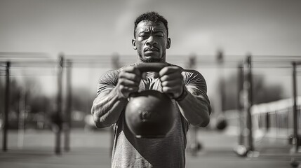 Focused Kettlebell Workout in Outdoor Gym with Strong Contrast and Clean Lines