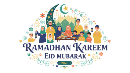 Naklejka premium A diverse Muslim family celebrating Ramadhan Kareem and Eid Mubarak with a mosque, crescent moon, and festive decorations.