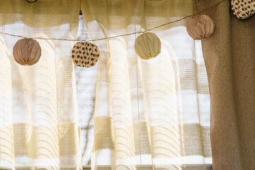 Light decorations. Lantern lamp hang inside of camping vehicle.
