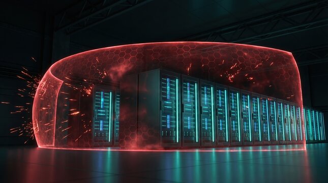 Red cybersecurity shield dome over data center servers, network firewall protection - Powered by Adobe