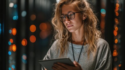 Female DevOps engineer reviews automation scripts on tablet to improve processes in a data center during evening hours