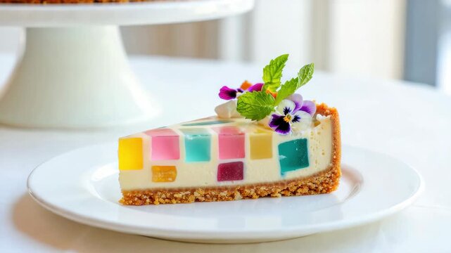 Colorful mosaic cheesecake on white plate, culinary innovation in gelatin dessert, gourmet baking decorated with mint leaves and edible flowers, modern pastry presentation in contemporary cuisine