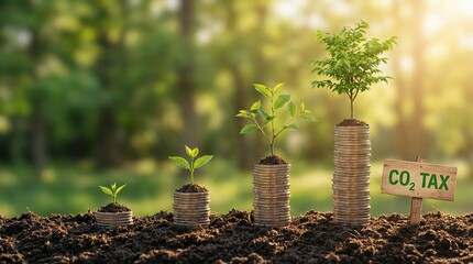 CO2 tax concept: seedlings growing from coin stacks, carbon pricing growth