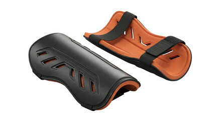 Orange and Black Soccer Shin Guards. Protective sports gear for football players, ensuring safety during the game.
