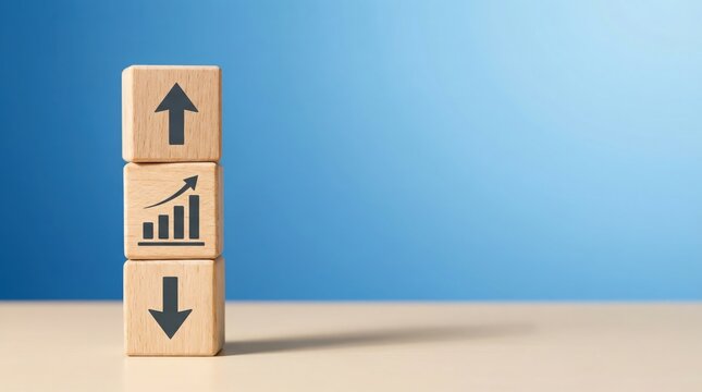 Wooden blocks stacked with up down arrows, growth chart icon, business trend