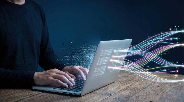 Programmer typing on laptop with streaming data lines, cybersecurity network - Powered by Adobe