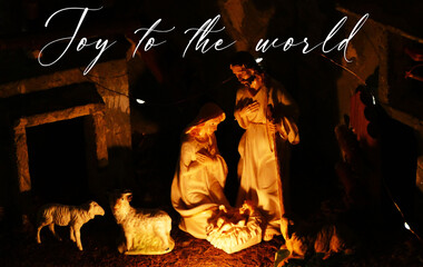 Mary, Joseph and Baby Jesus, Bethlehem nativity scene with text  - Joy to the world Christmas card greetings, Holy family, 