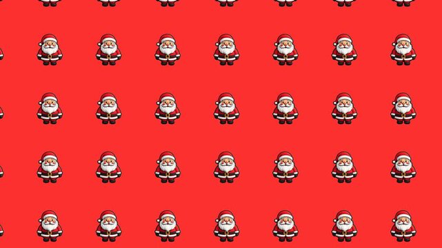 Seamless looping pattern of Santa Claus icons on a vibrant red background, video background.