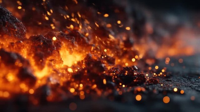Fiery explosion of glowing ember sparks and hot lava texture