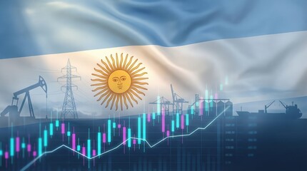 Argentina flag over energy sector with stock market chart, economy outlook