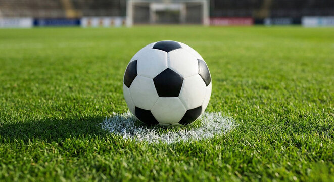 Soccer Ball on the Penalty Spot in a stadium, ready for a penalty kick. A tense and crucial moment in football.