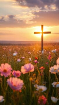 Christian cross at sunrise in spring flower meadow, peaceful morning light, symbol of resurrection and faith, Easter hope, spirituality and nature, calm sky and gentle wildflowers
