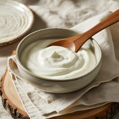 A bowl of creamy white yogurt with a wooden spoon on a napkin