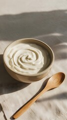 A bowl of creamy white yogurt with a wooden spoon on a napkin