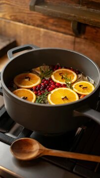 Stovetop simmer pot with citrus slices spices on gas burner, orange cranberry clove rosemary infusion, steaming saucepan in rustic kitchen, natural home fragrance, winter holiday aroma