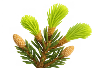 Spruce branch with new vibrant green growth and developing pinecones, signifying spring, nature, and rebirth on transparent background