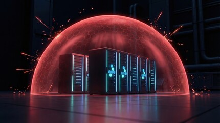Cybersecurity shield dome protecting data center servers, network firewall