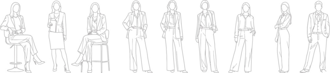 A line drawing of nine people standing and sitting in various poses on a