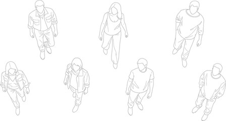 Collection of six line drawings of people running in different poses isolated on