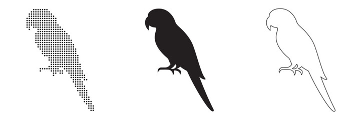 Obraz premium Three distinct parrot silhouettes in grey, black, and outline on a white background