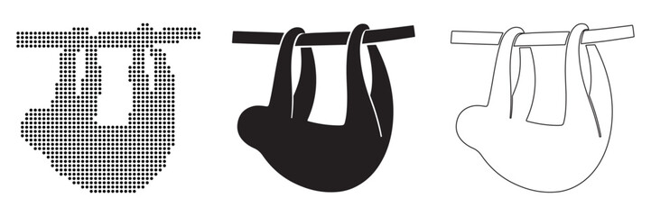 Obraz premium Three distinct styles of a sloth hanging from a branch: pixelated, silhouette, and outline.