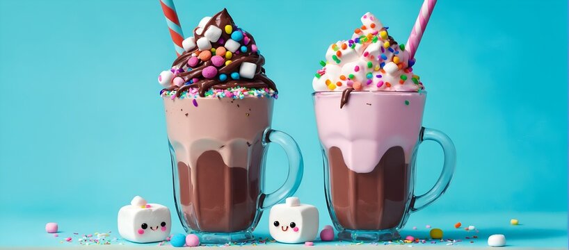 Chocolate shake dessert with whipped cream, marshmallows and candies on top