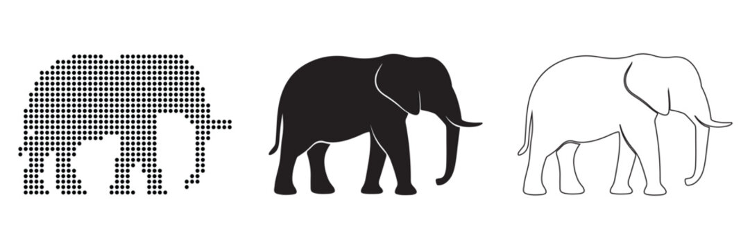 Three distinct elephant illustrations showcasing different artistic styles and textures.