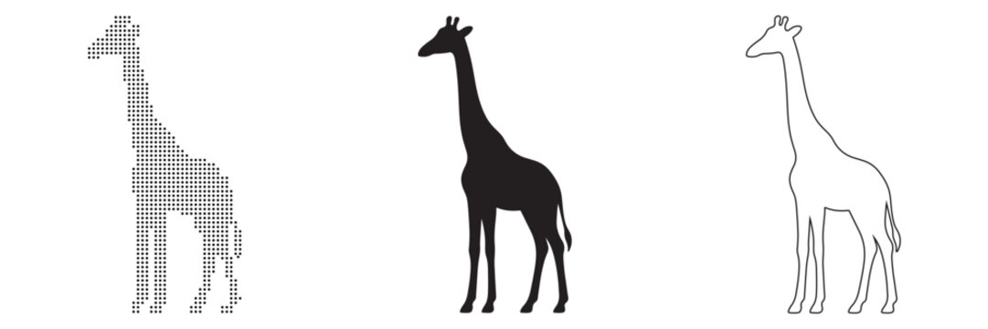 Three distinct giraffe illustrations: pixelated, solid silhouette, and outline.