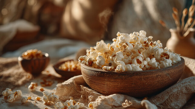 Bowl of popped corn placed on textured cloth background for Lohri  