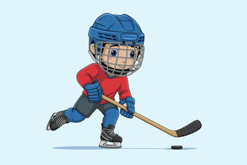 Obraz premium Cartoon boy playing ice hockey with a stick and puck on a light blue background child