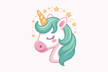 Obraz premium Cute cartoon unicorn head with mint green mane and golden horn on pink background illustration fantasy