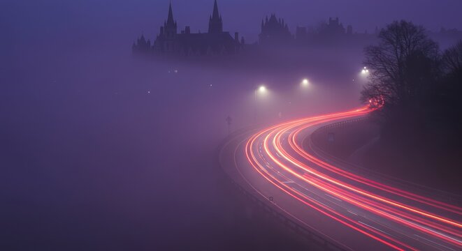 Ethereal highway light trails weave through a mystical foggy cityscape at twilight - Powered by Adobe