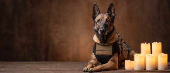 A trained dog sits calmly beside glowing candles, showcasing its protective vest in a warm, serene setting.