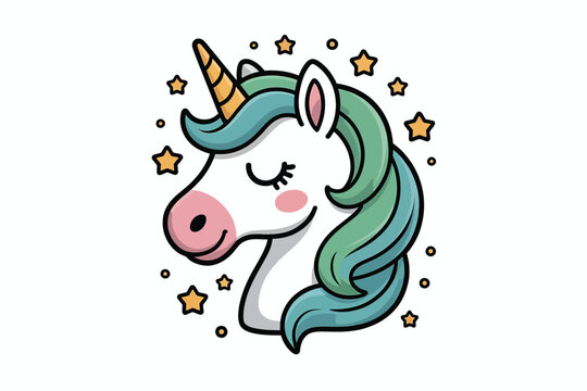 Stylized cartoon unicorn head with teal mane and golden horn on white background illustration graphic