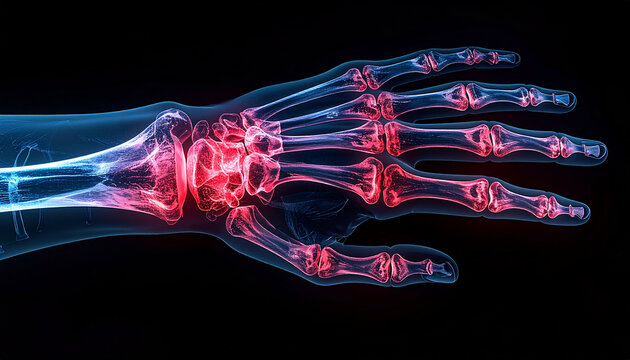 Detailed X-ray of human hand on black background, bones and joints highlighted in red, medical