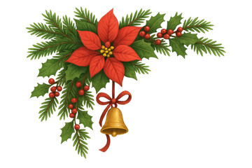Fototapeta premium Poinsettia christmas corner decoration with pine branches, holly berries, and hanging golden bell, transparent background