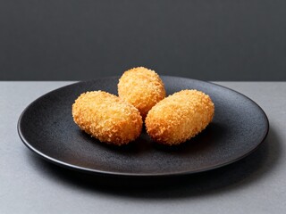 Black plate with fried savory Coxinha snacks
