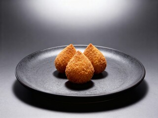 Black plate with fried savory Coxinha snacks
