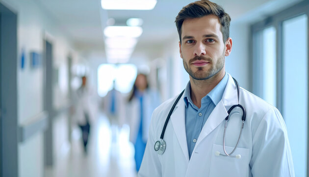 Male doctor wearing white coat and stethoscope in hospital corridor, professional healthcare