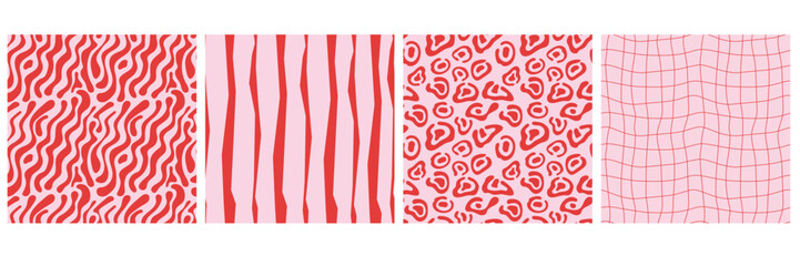 A romantic pink wallpaper collection with various irregular lines and jungle spots. A set of abstract seamless backgrounds for Valentine's Day. Festive Valentines patterns, wedding design bundle.