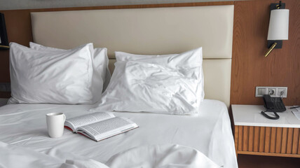 Cozy hotel bed with white pillows, soft bedding, open book and coffee cup creating a calm morning atmosphere in a modern room with warm wooden accents and gentle natural light