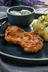 Pork chop served with mashed potatoes and cucumber salad.